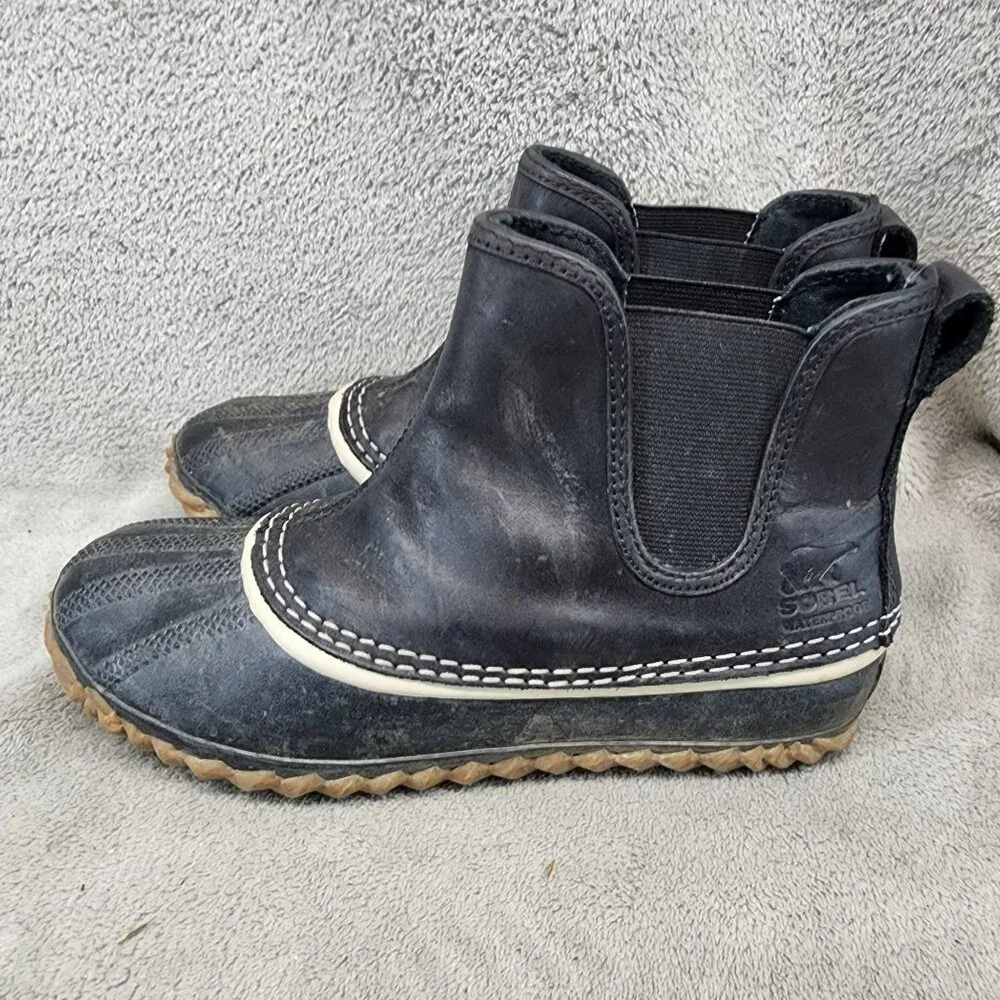 Sorel Shoes Womens Size 6 Out N About Black Leather Chelsea Duck Boots